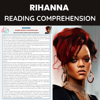 Preview of Rihanna Reading Comprehension Worksheet | Pop Music Artist