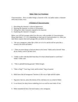 Rikki Tikki Tavi Character Worksheet w/ answer key by The Clever Creator