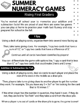 Preview of Rising First Grade Numeracy Summer Games