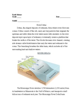 Preview of River Deltas - Earth Science Reading and Comprehension Questions