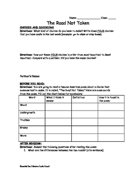 Preview of Road Not Taken comprehension questions and vocabulary