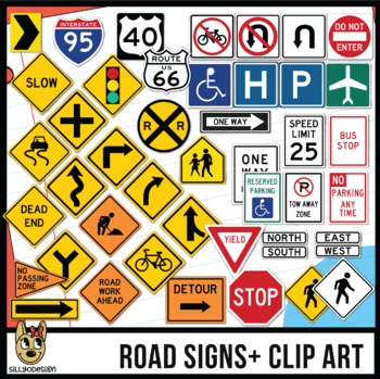 Road Signs Clip Art Bundle- realistic and light colors - customizable