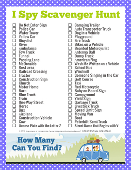Road Trip Scavenger Hunt by Happiness is Homemade | TpT