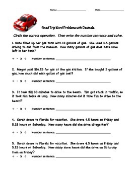 Preview of Road Trip Word Problems with Decimals