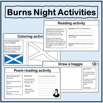 Preview of Robert Burns Night Activity Worksheets (reading comprehension, drawing, poetry)