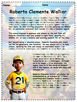 Roberto Clemente Biography Reading Comprehension Worksheets & Activities