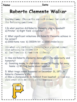 Roberto Clemente Reading Comprehension Passages and Questions Timeline  Vocabular