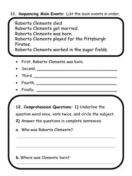 Roberto Clemente Biography Reading Comprehension Worksheets & Activities