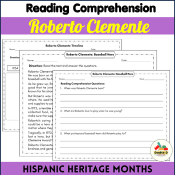 Preview of Roberto Clemente Reading Comprehension Biography Famouns Hispanic People K-2