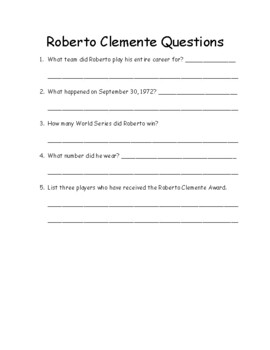 Roberto Clemente Reading Comprehension Passages and Questions Timeline  Vocabular