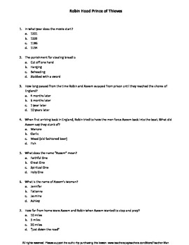 Preview of Robin Hood Prince of Thieves - MOVIE TEST - 34 questions in chronological order