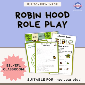 Preview of Robin Hood story Pack: Role play script + activities + board game + flashcards.