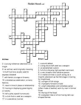 Robin Hood vocabulary Crossword 3 by Northeast Education TPT