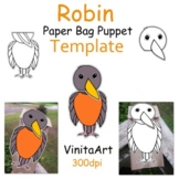 Robin puppet, paper bag puppet template, bird