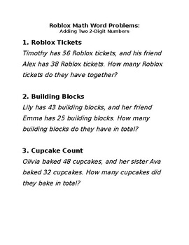 Preview of Roblox Math Problems 2-digit Addition