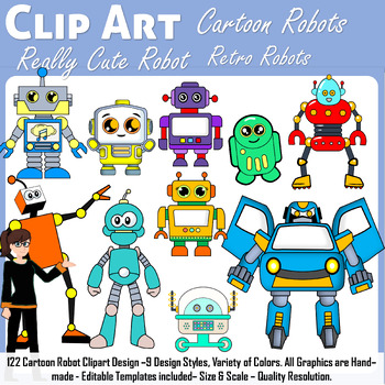Preview of Robot Clipart, Cartoon Robot Clipart, Retro Robot Clipart, Teacher Clipart