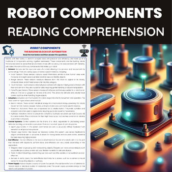 Preview of Robot Components Reading Comprehension for Robotic Unit | Sensors Actuators