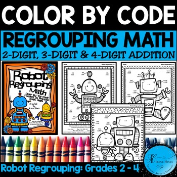 Preview of Math 2nd, 3rd, 4th Grade Color By Number Code Addition with Regrouping Worksheet