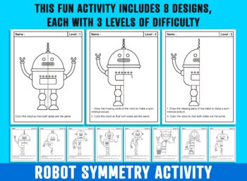 Preview of Robot Symmetry Worksheet, Robot Theme Lines of Symmetry Activity, Math Art