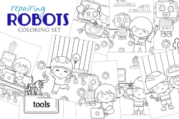 Preview of Robot repair play pretend toys cute boy girl - Kids & Adult coloring A4