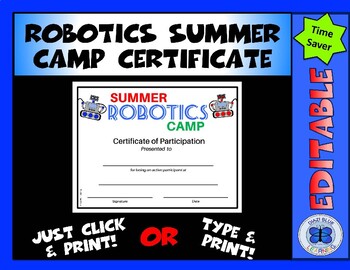 Preview of Robotics Summer Camp Certificate - Editable - Blue & Red Robots Design