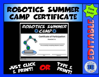 Preview of Robotics Summer Camp Certificate - Editable - Robot Arm Design