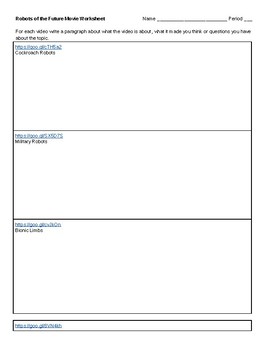 Preview of Robotics Video Worksheet - great for a sub day or quick time filler