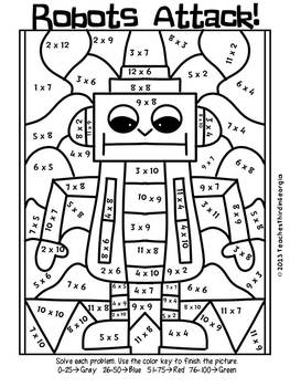 Robots Attack! Multiplication Mosaics- Color By Multiplication Fact Fun!