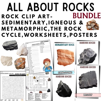 Preview of Rock Clip Art-Sedimentary,Igneous & Metamorphic,The Rock Cycle,Worksheets BUNDLE
