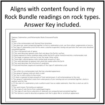 Rock Crossword Puzzle: Rock Cycle Igneous Sedimentary and
