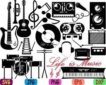 Preview of Rock Music jazz svg clip art Musical Instruments guitar note trumpet drum -80s