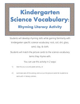 Preview of Rock & Soil Kindergarten Science Vocabulary Rhyming Activity