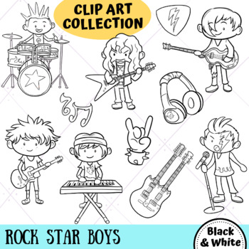 Preview of Rock Star Boys Clip Art Collection (BLACK AND WHITE ONLY)