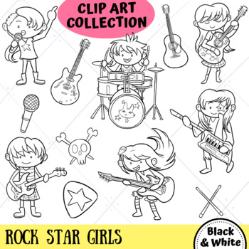 Preview of Rock Star Girls Clip Art Collection (BLACK AND WHITE ONLY)