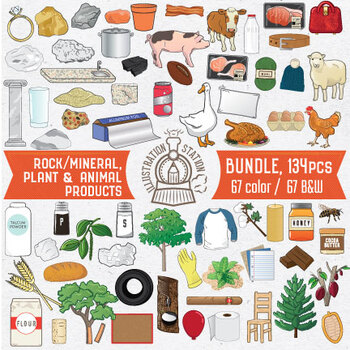 Rock and Mineral, Plant, Animal Products 134 Pc. Clip Art Bundle
