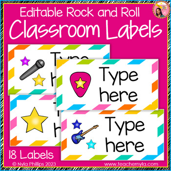 Preview of Rock and Roll Theme Classroom Labels - Editable - Version 2