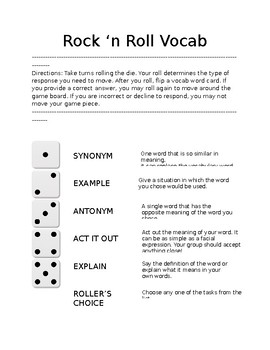 Preview of Rock 'n Roll Vocabulary Dice Game