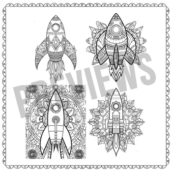 Preview of Rocket Mindfulness Mandala Coloring Page Kids, Adults, Rockets Coloring Book