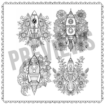 Preview of Rocket and Flowers with Mandala Coloring, Mindful Relaxing Meditation for Adults