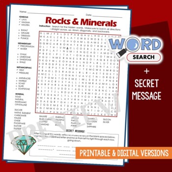 Preview of Classify Rocks & Mineral Word Search Puzzle Vocabulary Activity Review Worksheet