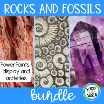 Preview of Rocks and fossils display, presentation and activity bundle