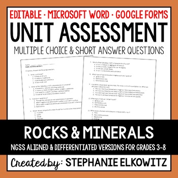 Preview of Rocks and Minerals Unit Exam | Editable | Printable | Google Forms