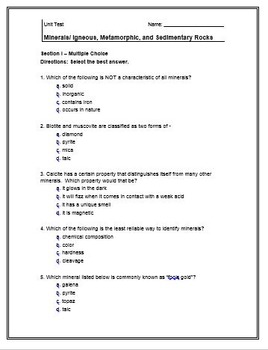 Rocks and Minerals Unit Test - 50 Questions - Editable by The Science Shark