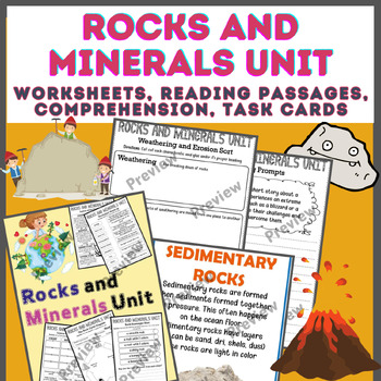 Preview of Rocks and Minerals Unit, Worksheets, Reading Passages, Comprehension, Task Cards