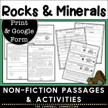 Preview of Rocks and Minerals, Types of Rocks, The Rock Cycle Worksheets & Reading Passages