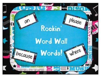 Preview of Rockstar or rock and roll themed word wall cards using the Dolch word list