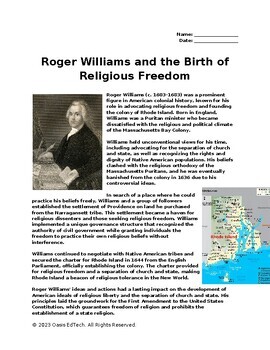 Preview of Roger Williams and the Birth of Religious Freedom: A Comprehensive Worksheet