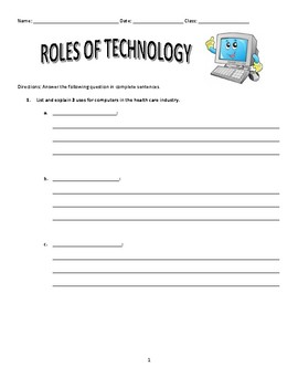 Preview of Roles of Technology in Health Care Worksheet