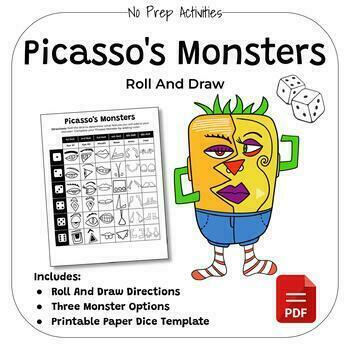 Preview of Roll-A-Picasso Monster Drawing Game | Halloween Art Activity | Art Sub Lesson