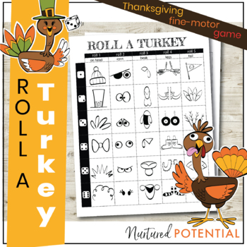 Preview of Roll A Turkey Game! Engaging Fine Motor, Thanksgiving Party Activity, K - 5